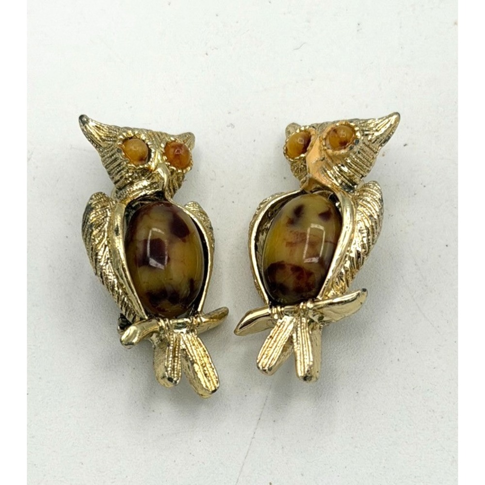 Vintage Gold Tone Owl Scatter Pins Brooch Pair Cabochon Stone Costume Jewelry